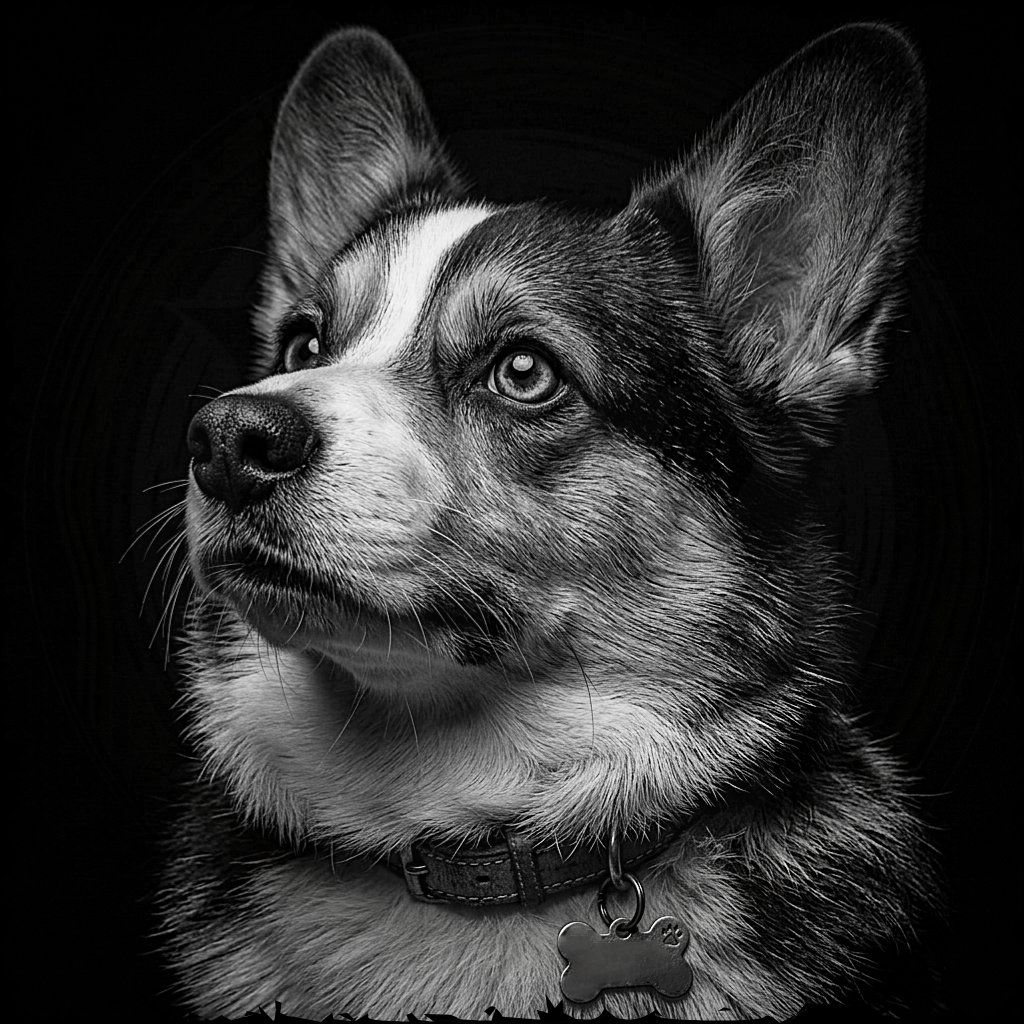 Black and white portrait of a dog with a collar and tag on a dark background