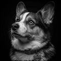 Black and white portrait of a dog with a collar and tag on a dark background