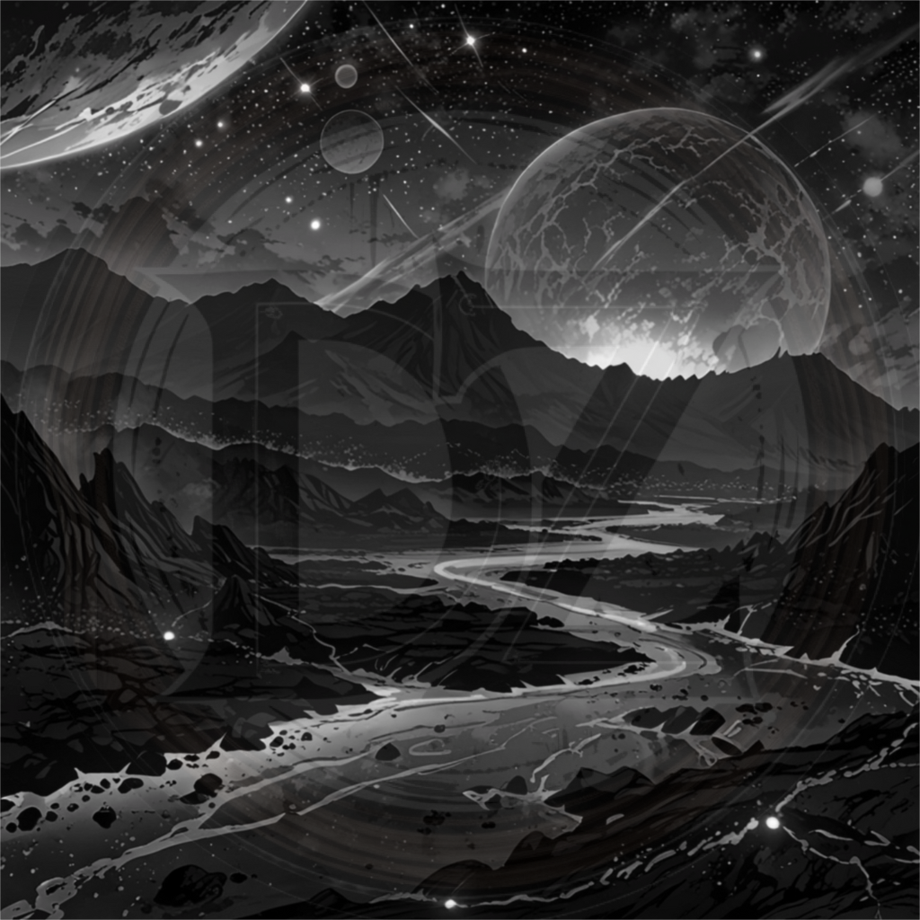 Black and white illustration of a futuristic landscape with mountains and planets.