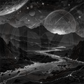 Black and white illustration of a futuristic landscape with mountains and planets.