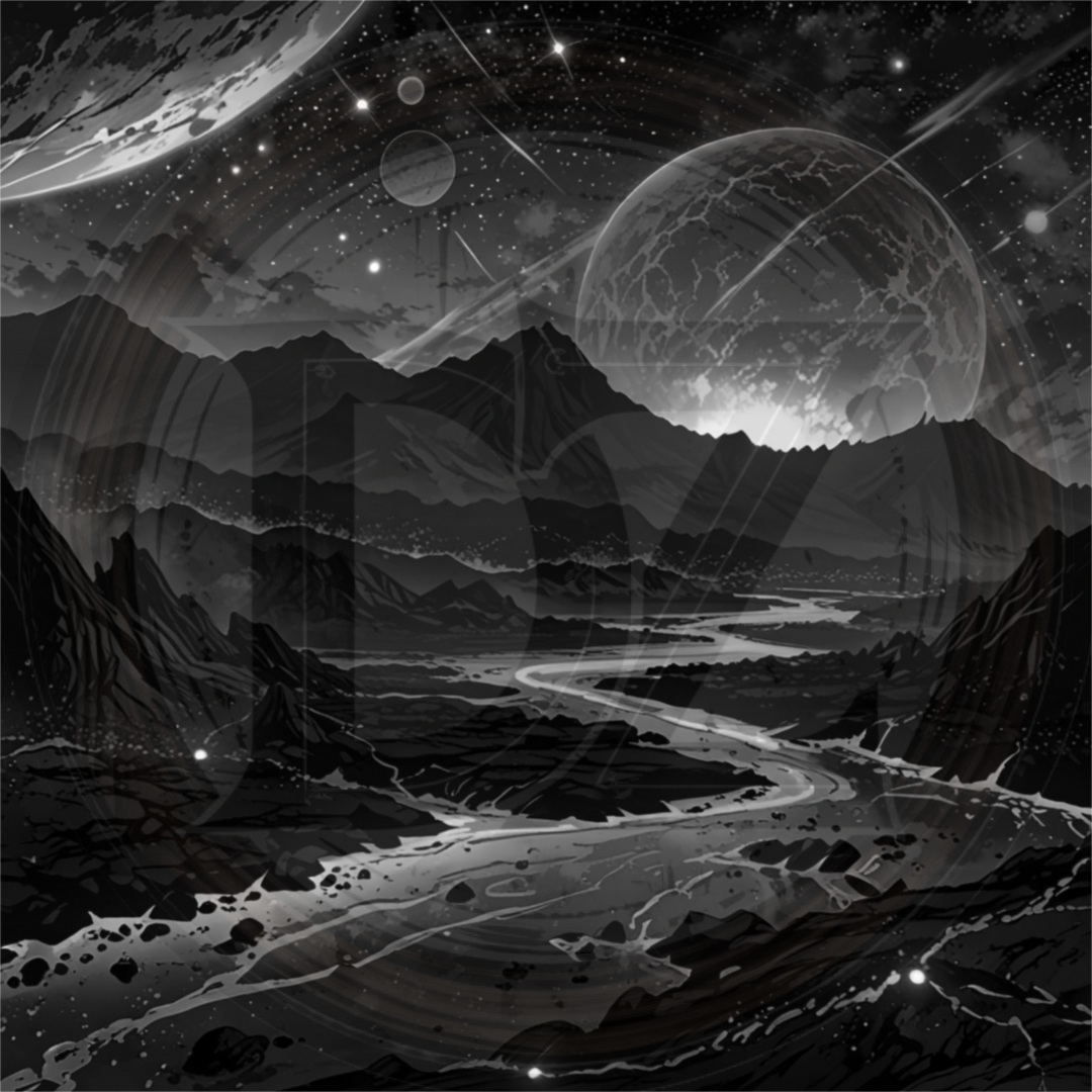 Black and white illustration of a futuristic landscape with mountains and planets.