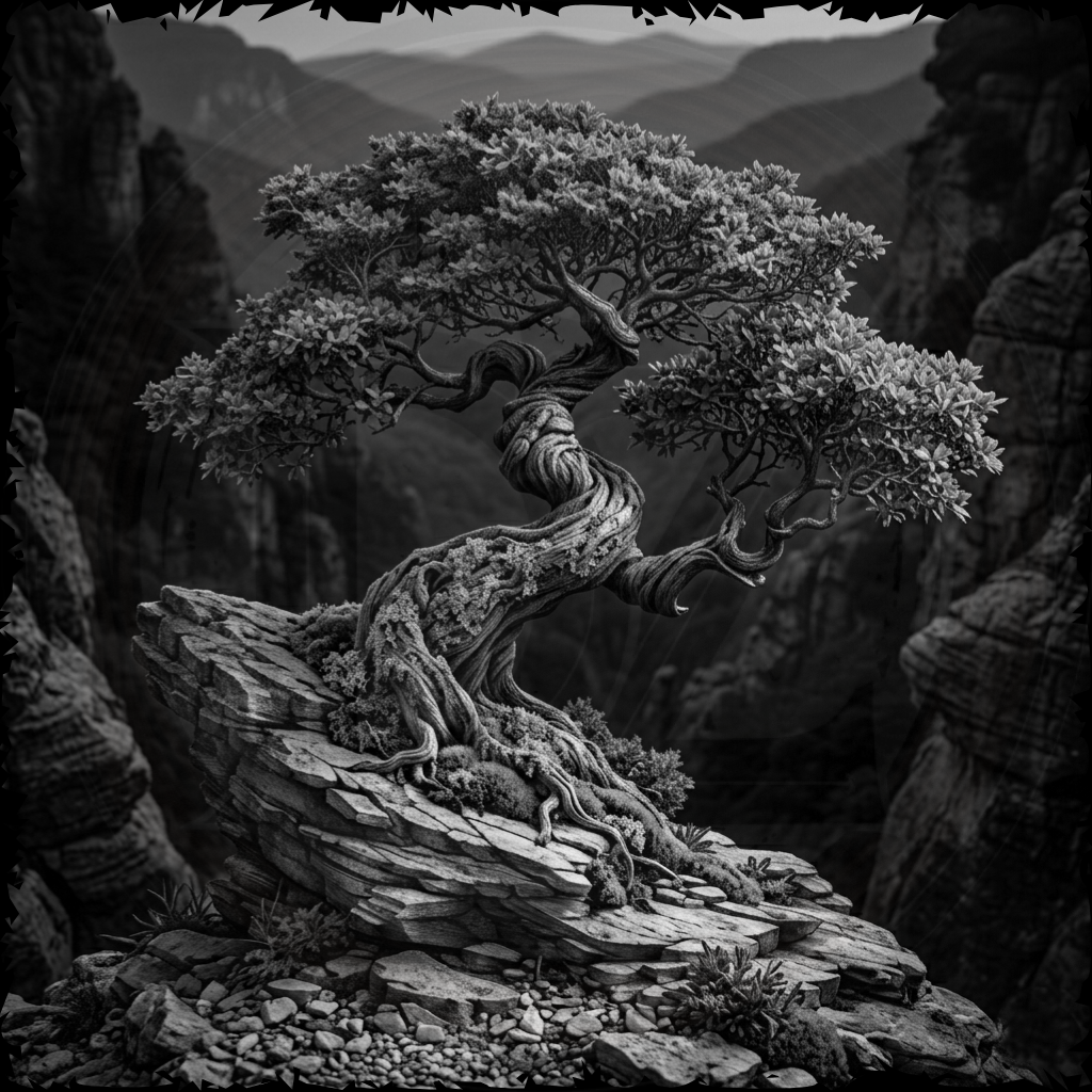 Monochrome image of a twisted tree on a rocky outcrop with a mountainous landscape in the background.