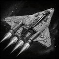 Black and white illustration of a futuristic spaceship with four thrusters in space.