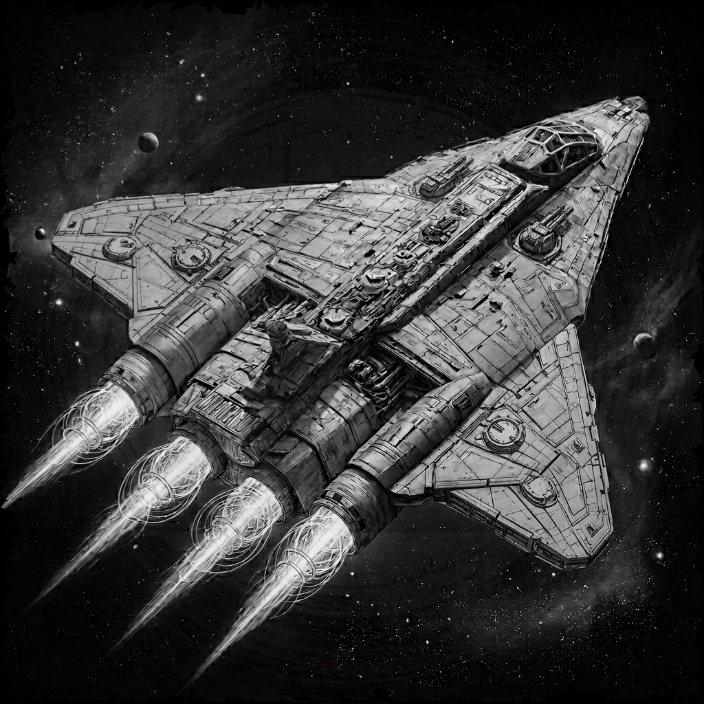 Black and white illustration of a futuristic spaceship with four thrusters in space.