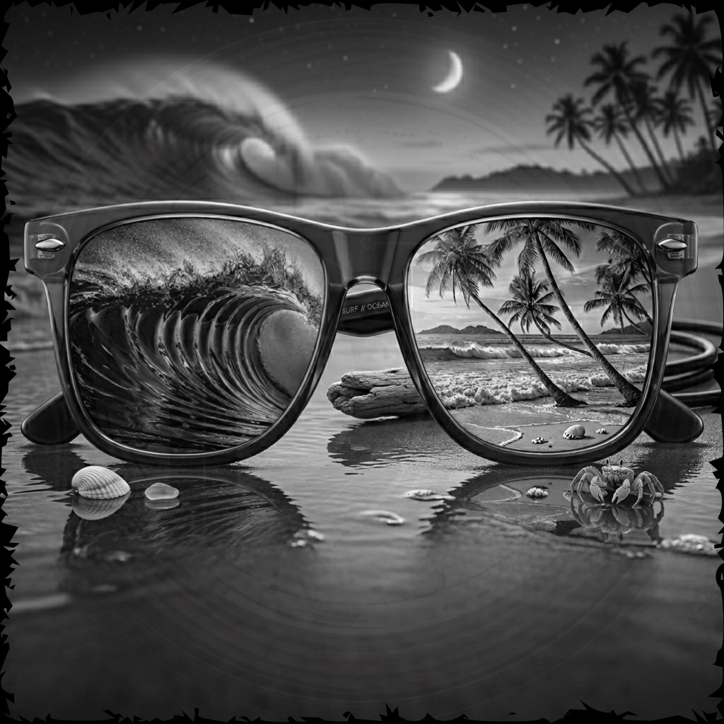 Sunglasses with a beach scene reflection on a black and white beach setting