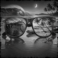 Sunglasses with a beach scene reflection on a black and white beach setting