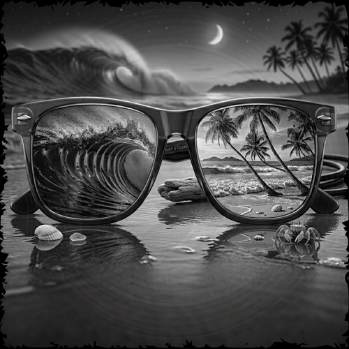 Sunglasses with a beach scene reflection on a black and white beach setting