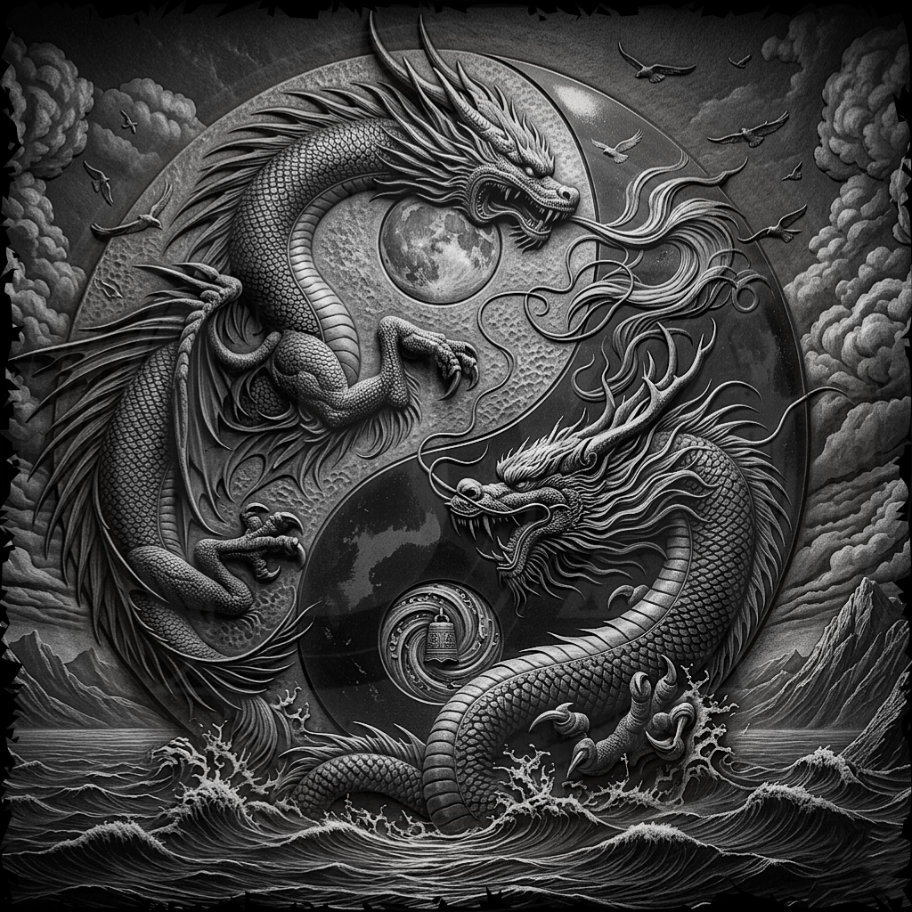 Black and white illustration of two dragons in a yin yang symbol with moon and clouds.