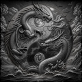 Black and white illustration of two dragons in a yin yang symbol with moon and clouds.