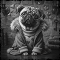 Pug dog wearing a coat and glasses with heart decorations on a textured background