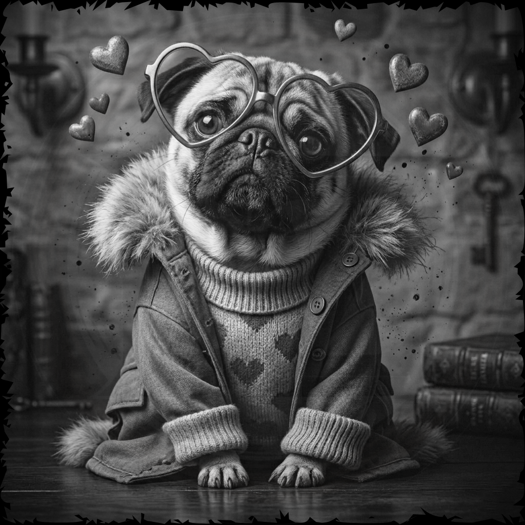 Pug dog wearing a coat and glasses with heart decorations on a textured background