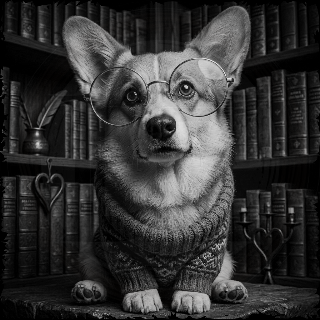 Dog wearing glasses and a sweater in front of a bookshelf