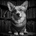 Dog wearing glasses and a sweater in front of a bookshelf