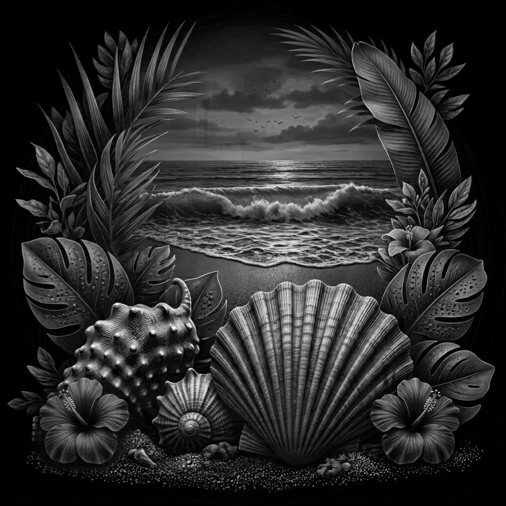 Black and white illustration of a coastal scene with shells, flowers, and leaves.