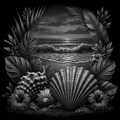 Black and white illustration of a coastal scene with shells, flowers, and leaves.