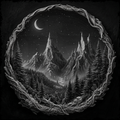 Black and white illustration of a mountain landscape framed by natural elements.