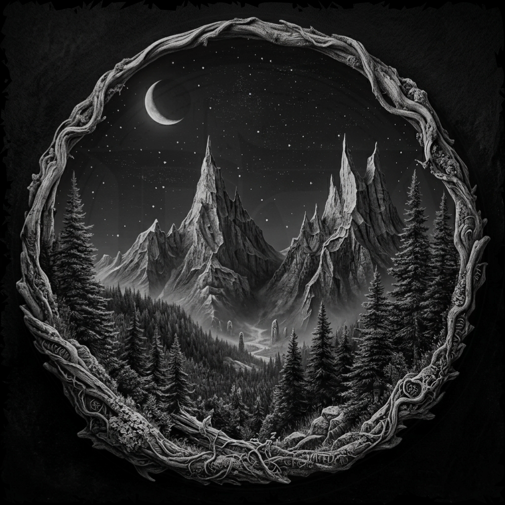 Black and white illustration of a mountain landscape framed by natural elements.
