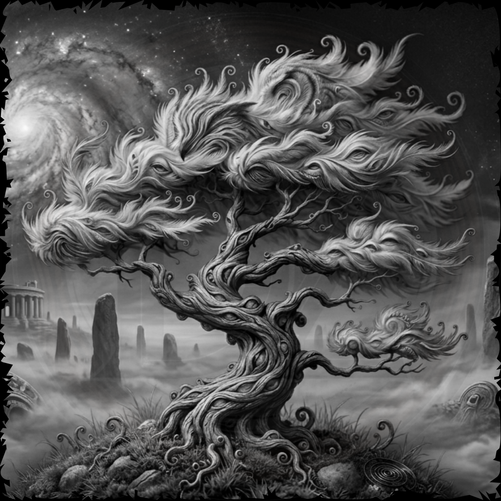 Artistic depiction of a tree with flowing white hair against a dark, mystical background.