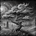 Artistic depiction of a tree with flowing white hair against a dark, mystical background.