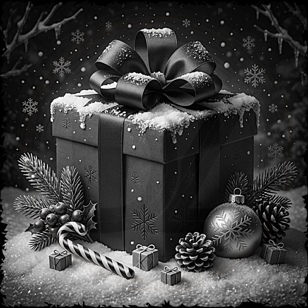 Decorative Christmas scene with a large gift box, bow, ornaments, and winter elements on a dark background.