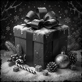 Decorative Christmas scene with a large gift box, bow, ornaments, and winter elements on a dark background.