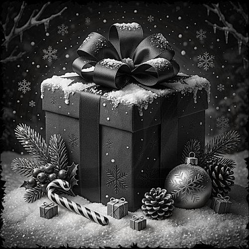 Decorative Christmas scene with a large gift box, bow, ornaments, and winter elements on a dark background.