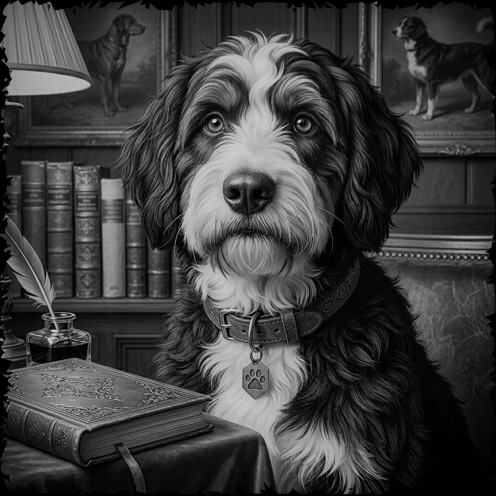 Dog with a collar and tag in a room with books and paintings