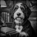 Dog with a collar and tag in a room with books and paintings