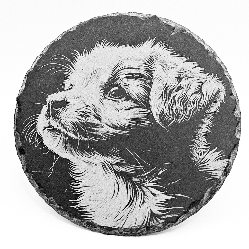 Round slate coaster with a engraved black and white puppy design on a white background
