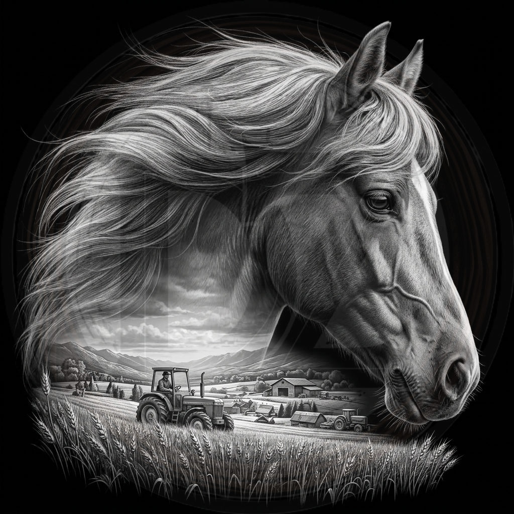 Horse head with a farm scene in the background