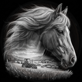 Horse head with a farm scene in the background