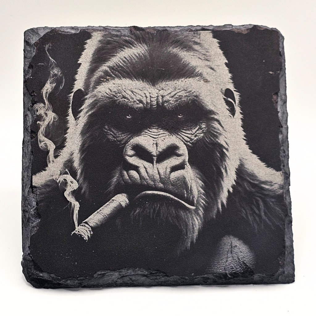 Slate coaster with a gorilla smoking a cigarette design
