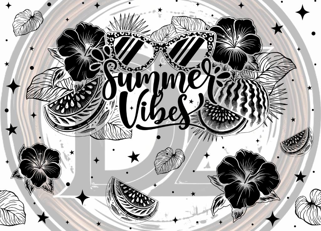 'Summer Vibes' text surrounded by black floral and fruit illustrations