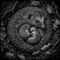 Black and white illustration of a mother hedgehog with her babies nestled together.