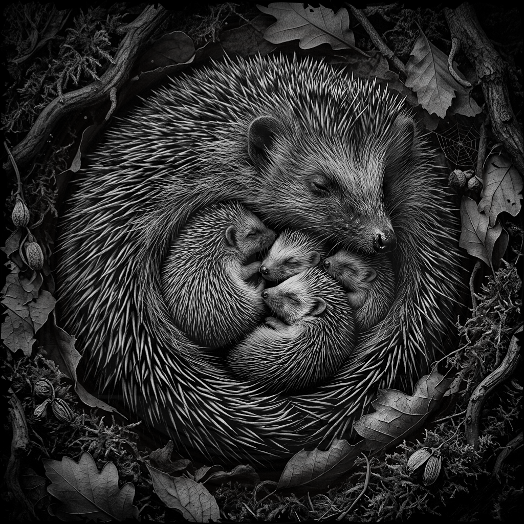 Black and white illustration of a mother hedgehog with her babies nestled together.