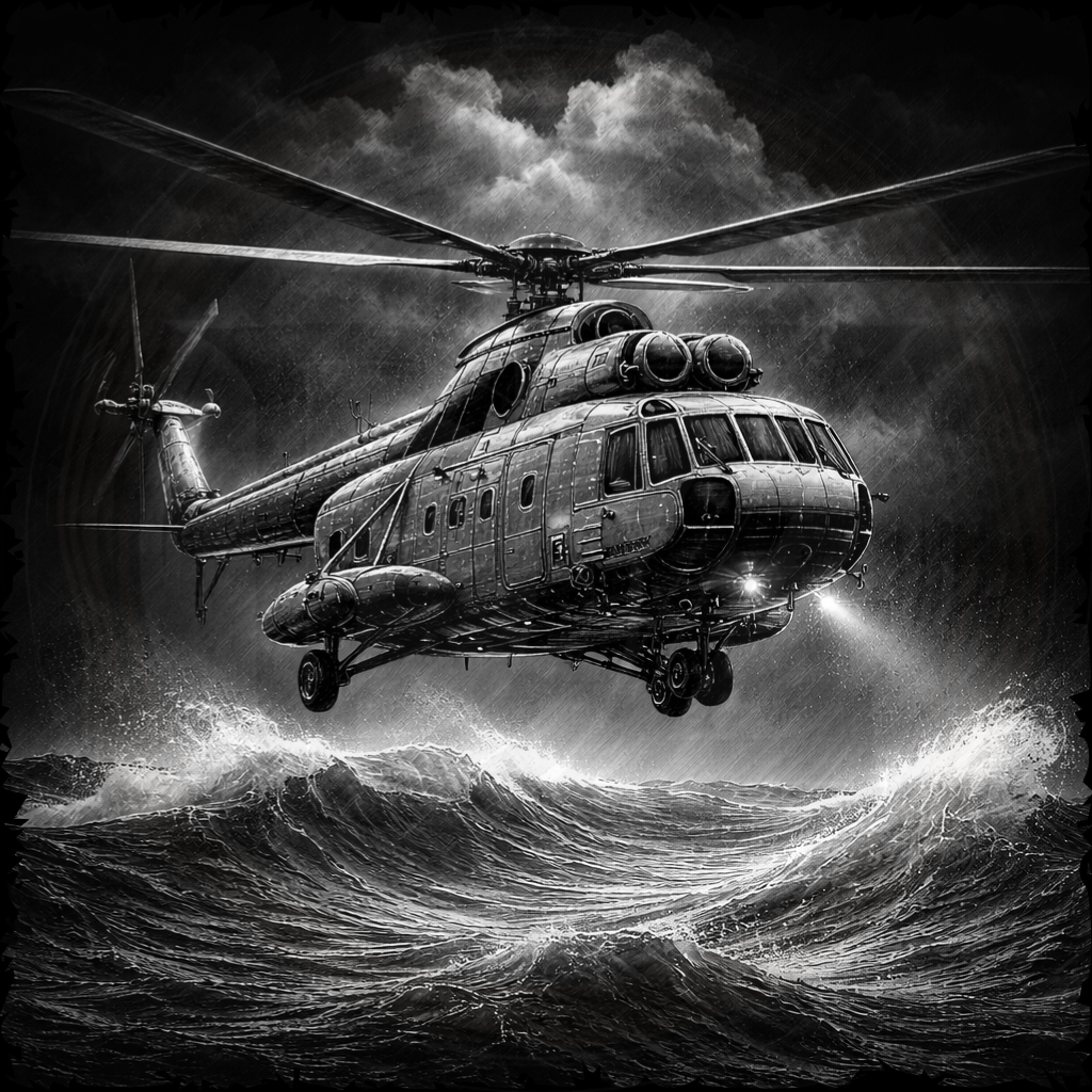 Helicopter flying over rough ocean waves with a dramatic sky.