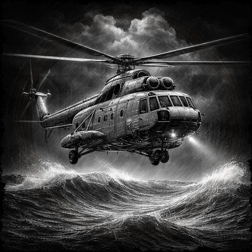 Helicopter flying over rough ocean waves with a dramatic sky.