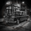 Vintage taxi parked in front of a building with a 'WAXE' sign at night.