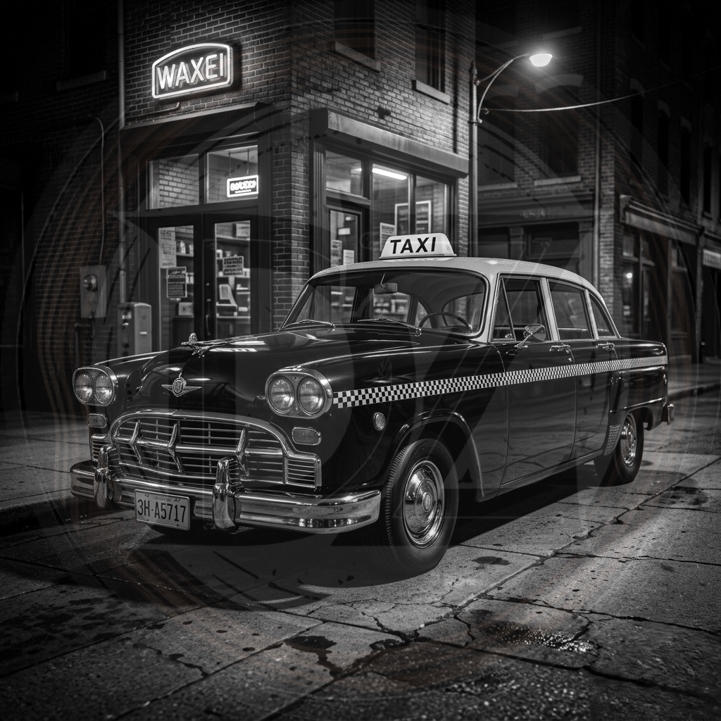 Vintage taxi parked in front of a building with a 'WAXE' sign at night.