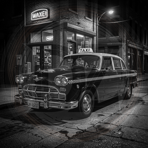 Vintage taxi parked in front of a building with a 'WAXE' sign at night.