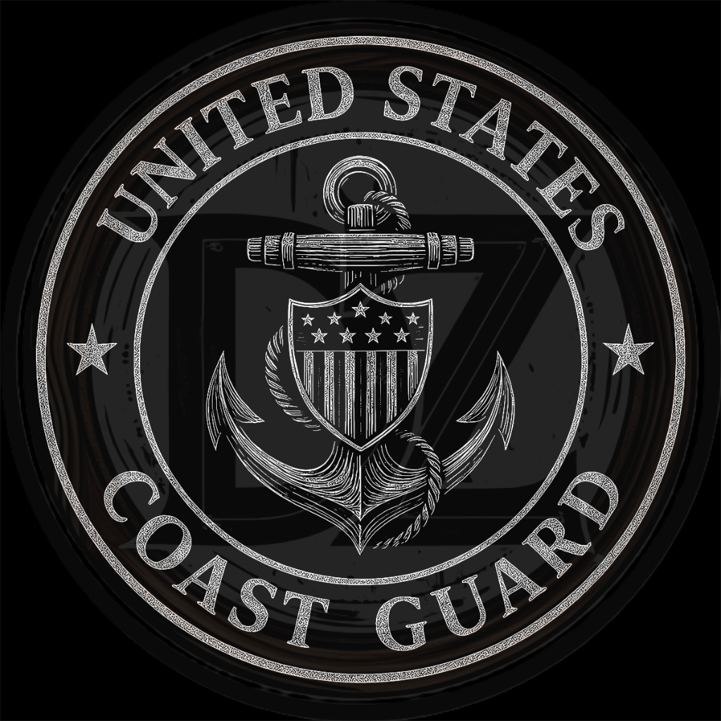 United States Coast Guard emblem with anchor and shield design on a dark background