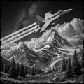 Futuristic jet flying over a mountainous landscape with clouds.