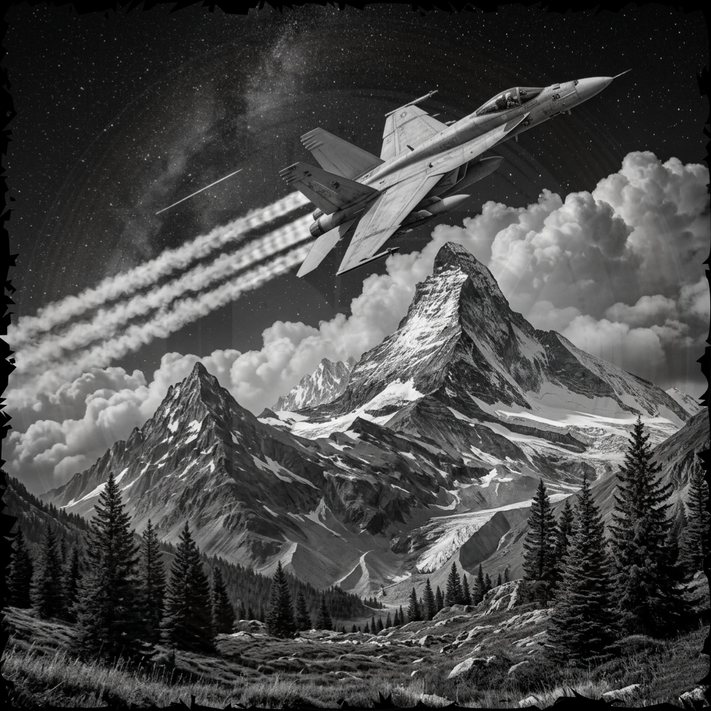 Futuristic jet flying over a mountainous landscape with clouds.