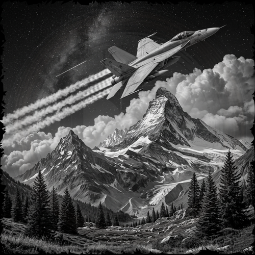 Futuristic jet flying over a mountainous landscape with clouds.