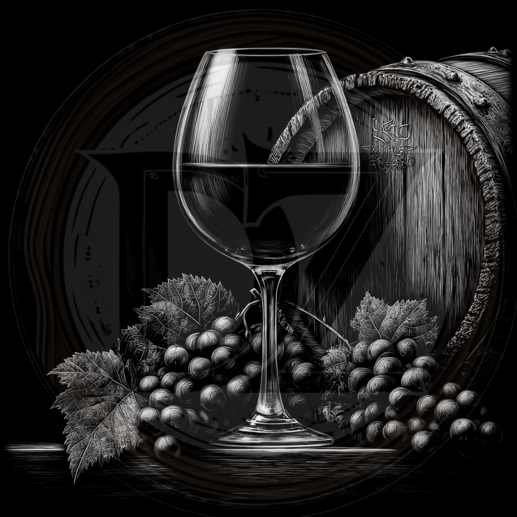 Wine glass with red wine, grapes, and a wooden barrel on a dark background