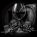 Wine glass with red wine, grapes, and a wooden barrel on a dark background