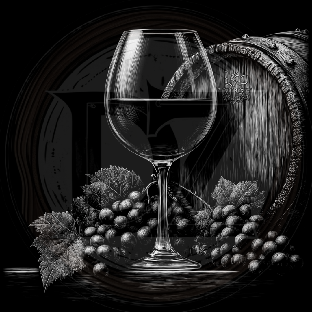 Wine glass with red wine, grapes, and a wooden barrel on a dark background