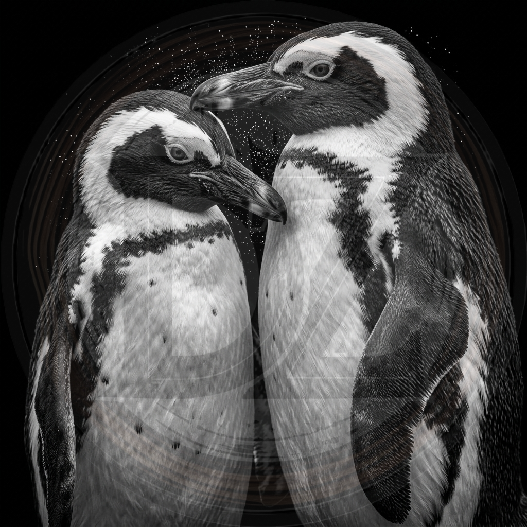 Two penguins facing each other on a black background