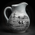 Ceramic pitcher with a black and white scene of cows and a windmill on a field.