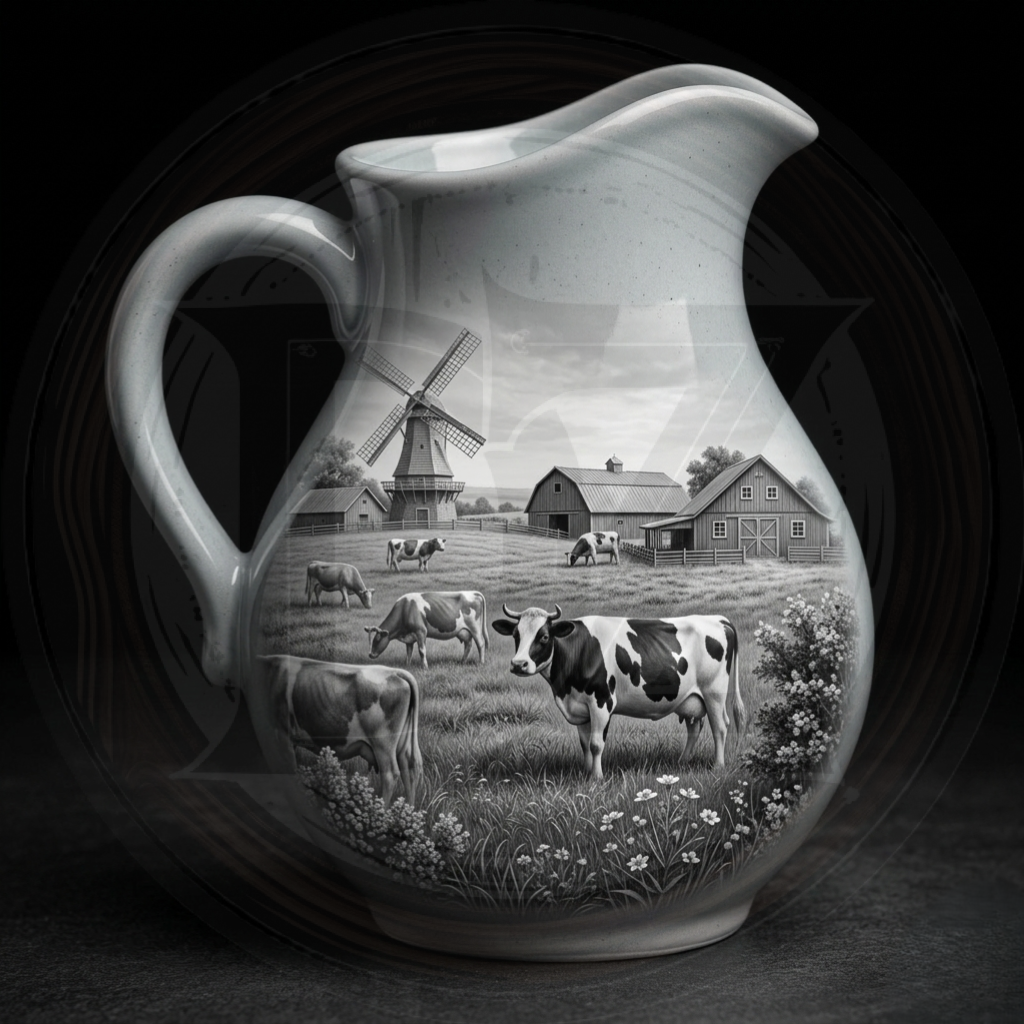 Ceramic pitcher with a black and white scene of cows and a windmill on a field.